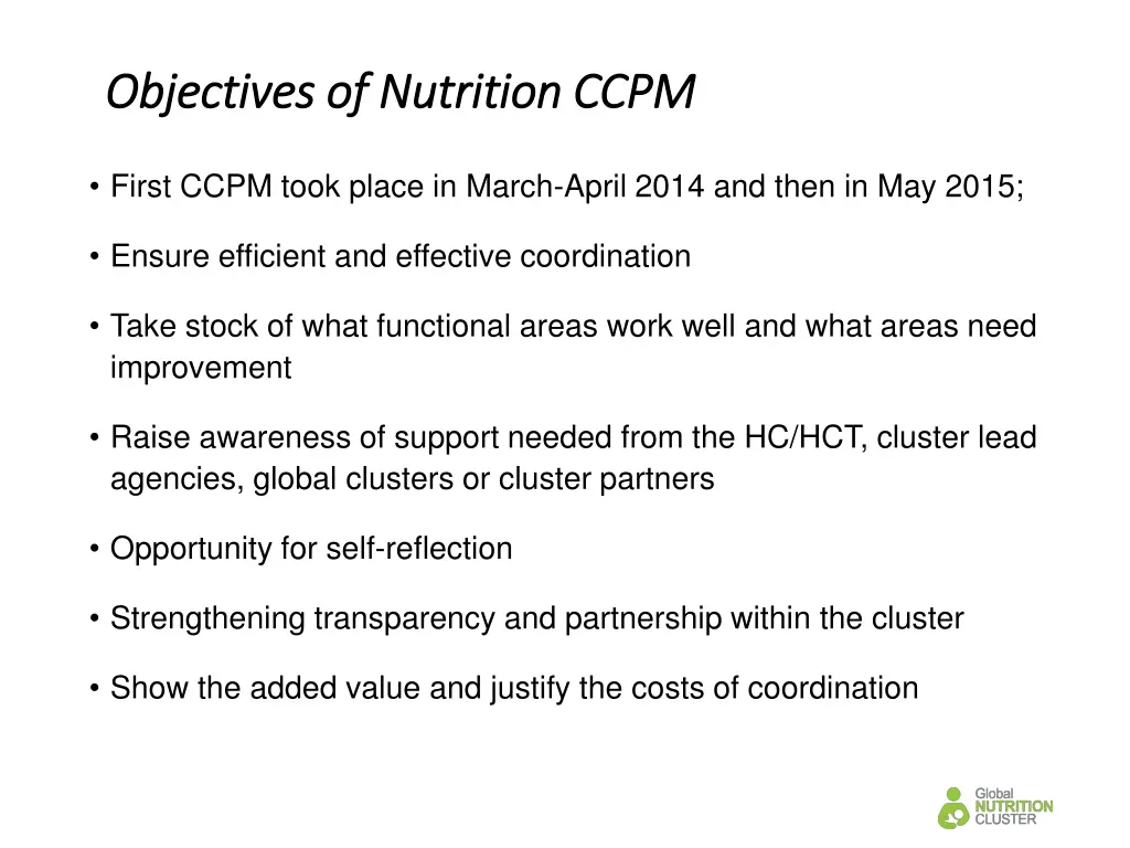 objectives of nutrition ccpm objectives