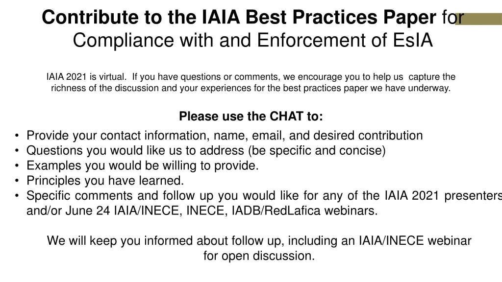 contribute to the iaia best practices paper