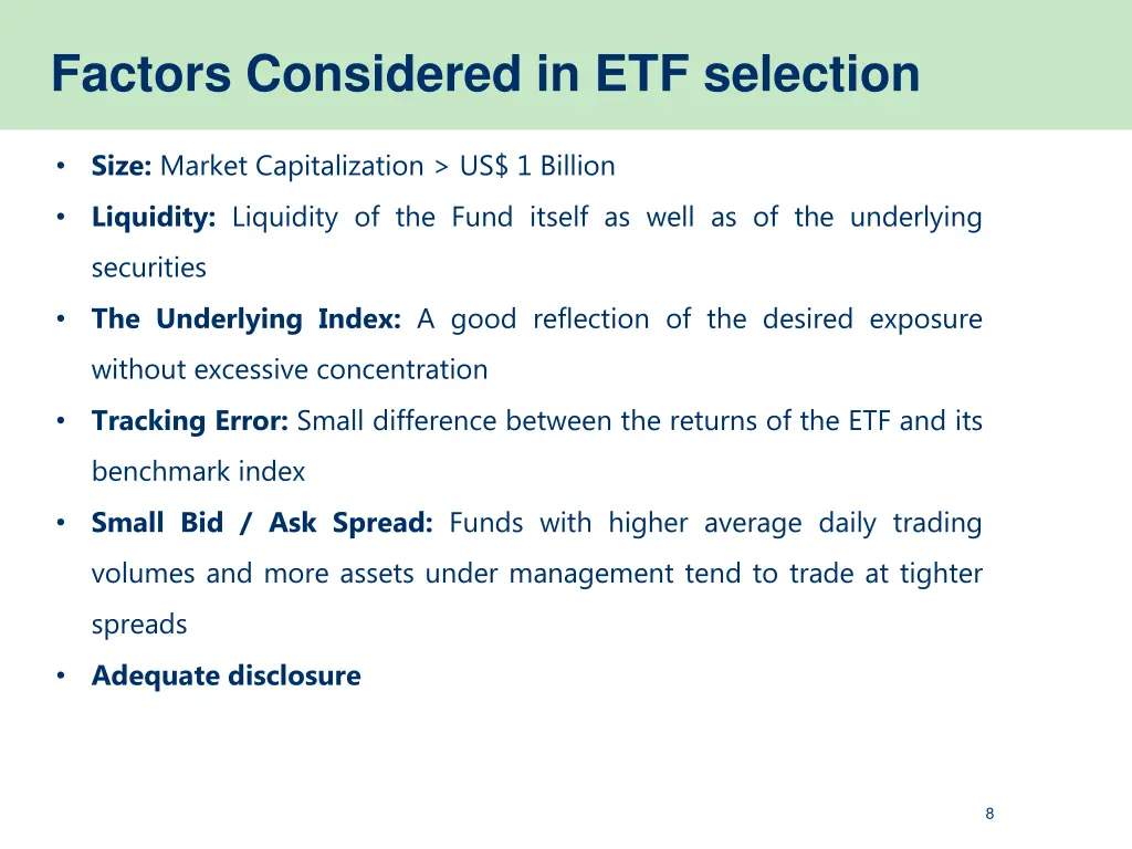 factors considered in etf selection