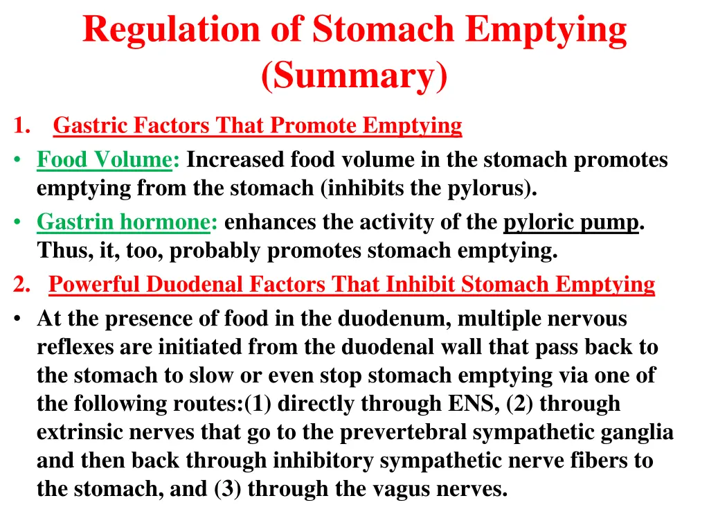 regulation of stomach emptying summary