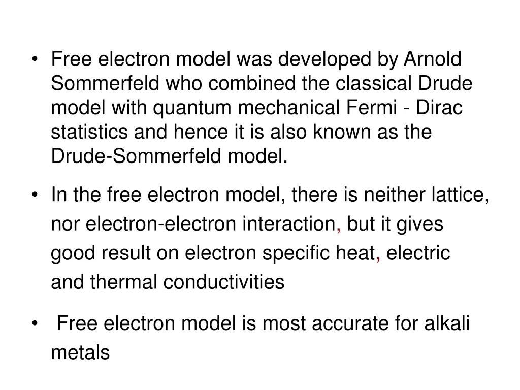 free electron model was developed by arnold