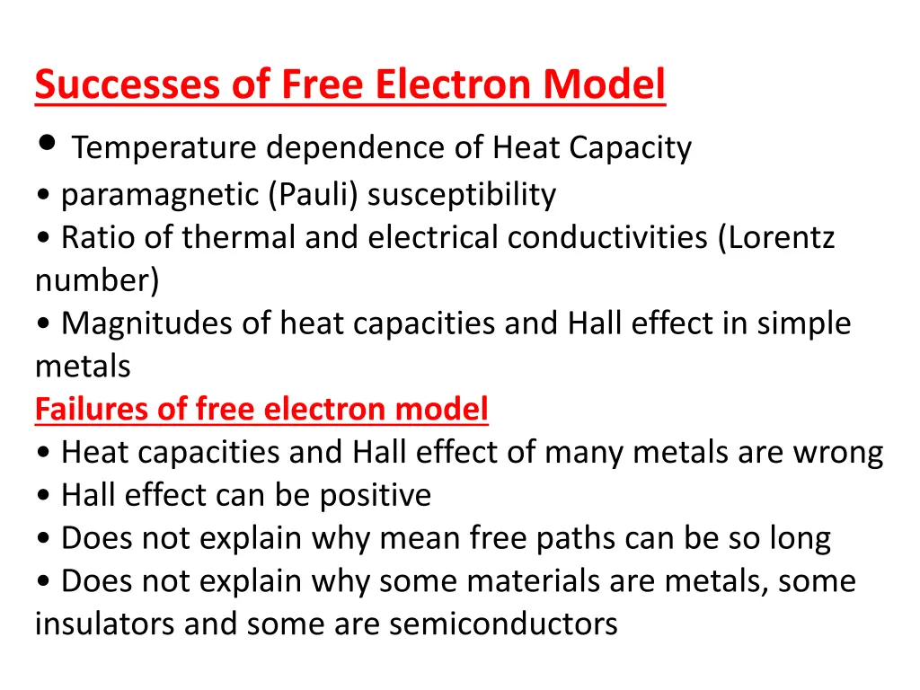 successes of free electron model temperature