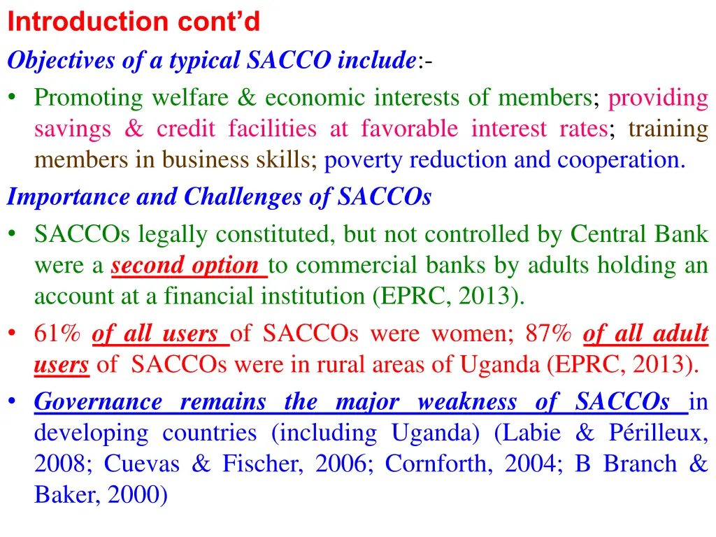 introduction cont d objectives of a typical sacco