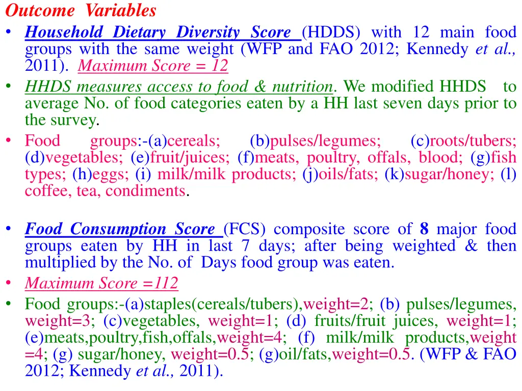 outcome variables household dietary diversity