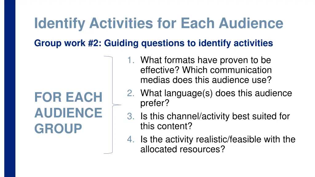 identify activities for each audience