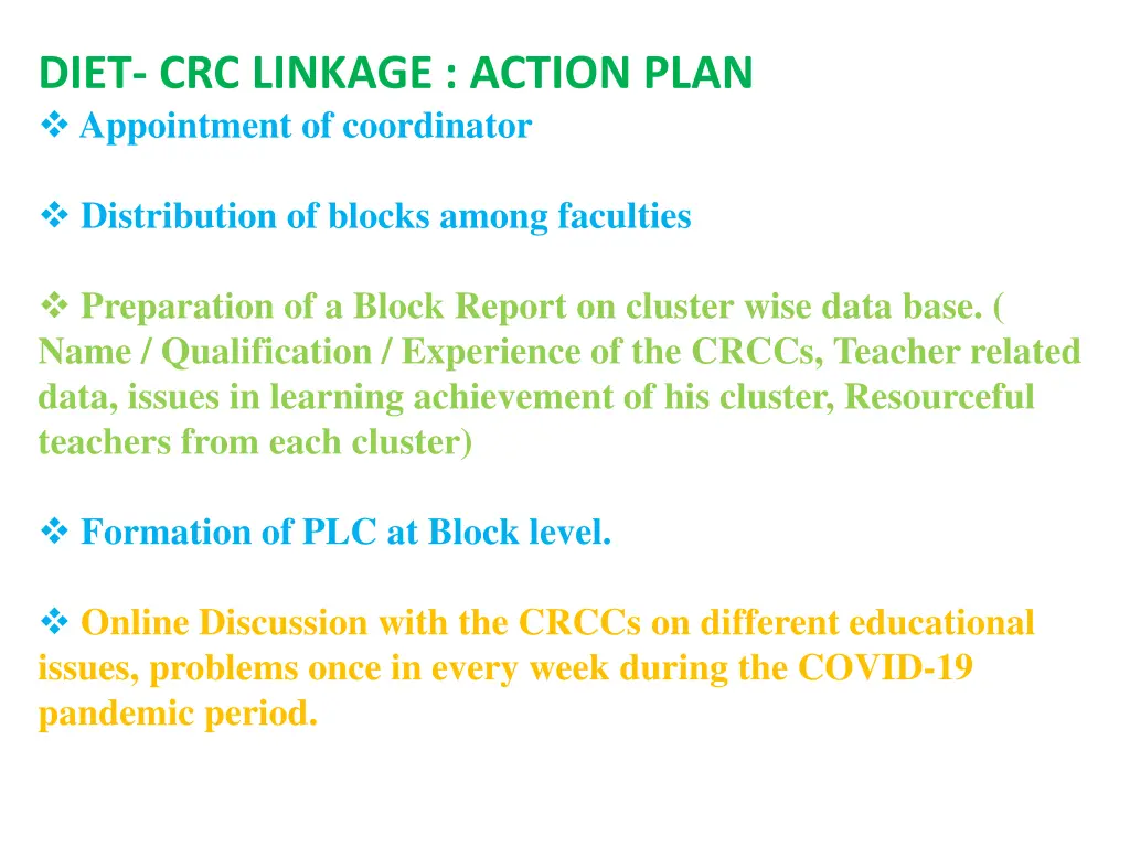 diet crc linkage action plan appointment