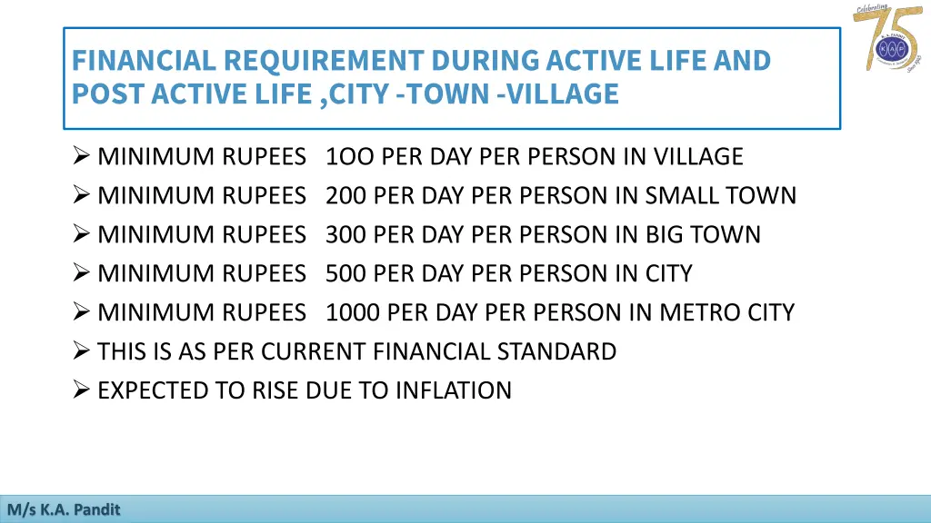 financial requirement during active life and post