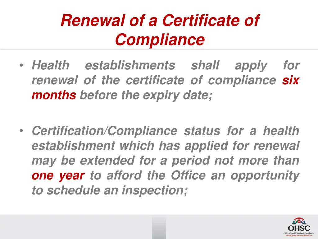 renewal of a certificate of compliance