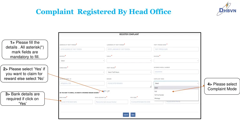 complaint registered by head office