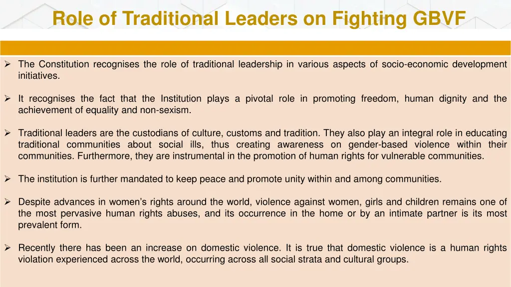 role of traditional leaders on fighting gbvf