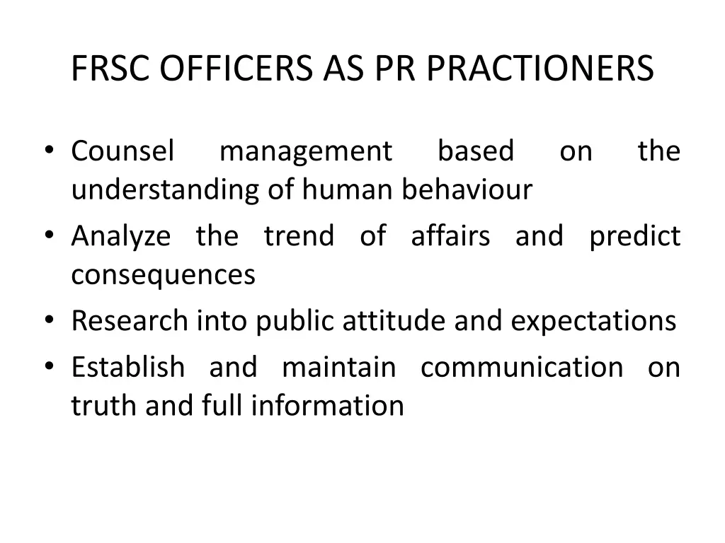 frsc officers as pr practioners