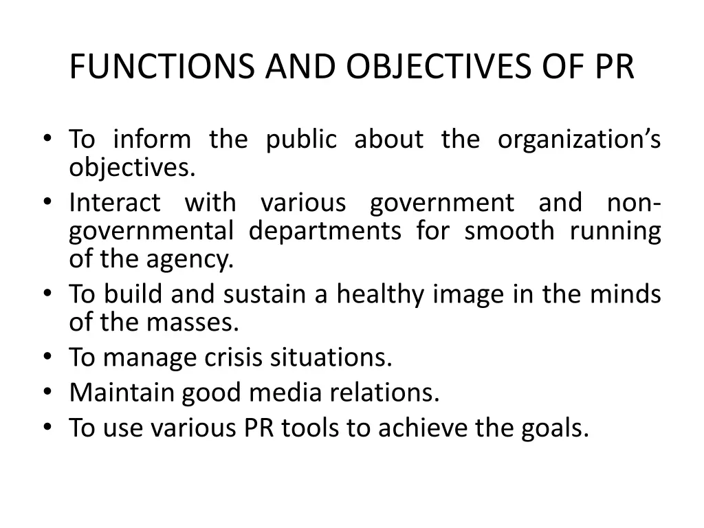 functions and objectives of pr