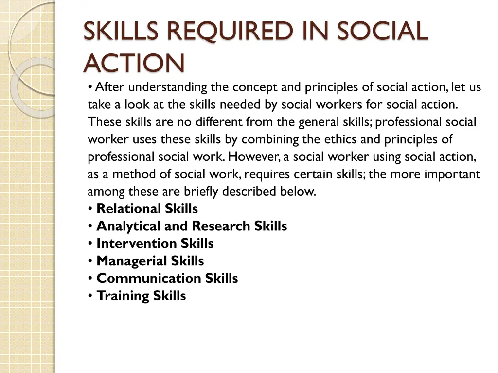 skills required in social action after