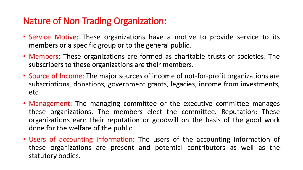 nature of non trading organization nature