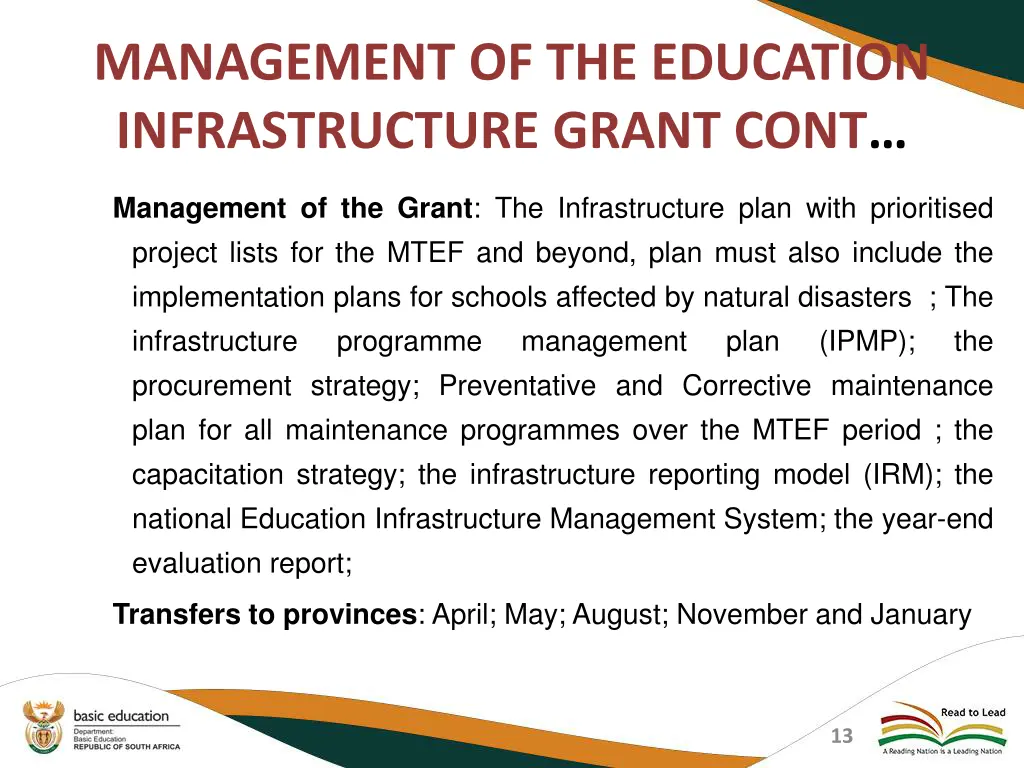 management of the education infrastructure grant 1