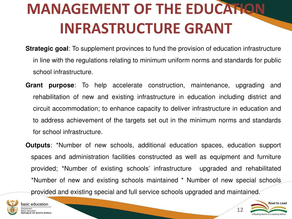 management of the education infrastructure grant