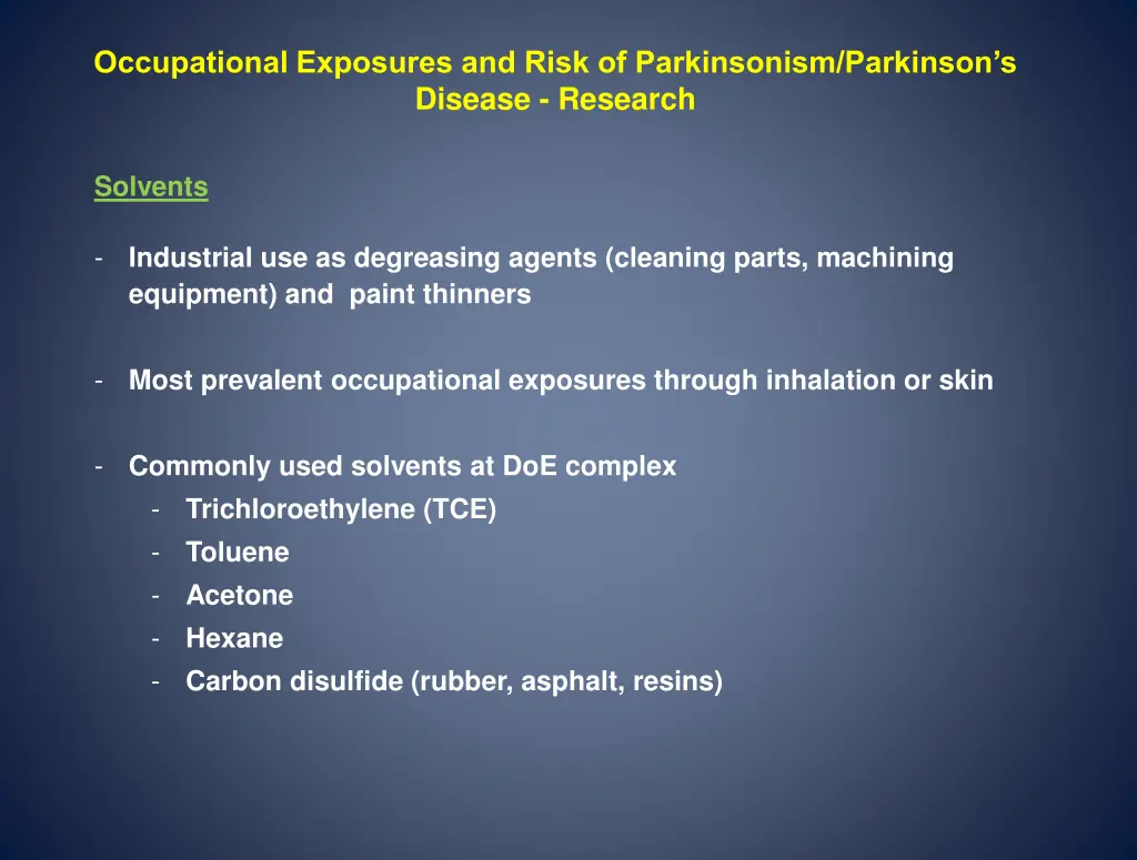 occupational exposures and risk of parkinsonism 2