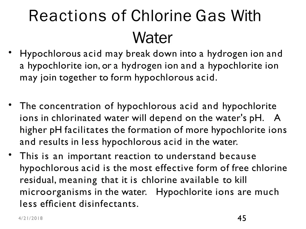 reactions of chlorine gas with water hypochlorous