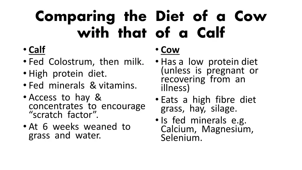 comparing the diet of a cow with that of a calf