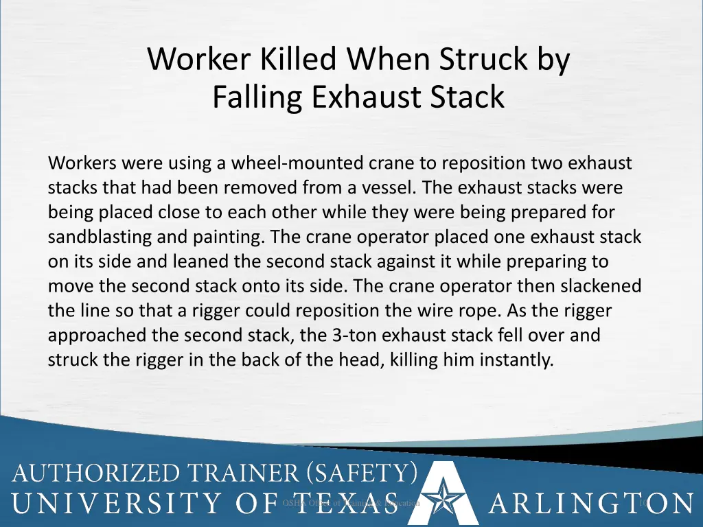 worker killed when struck by falling exhaust stack