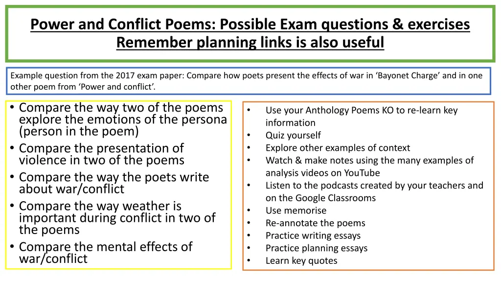 power and conflict poems possible exam questions