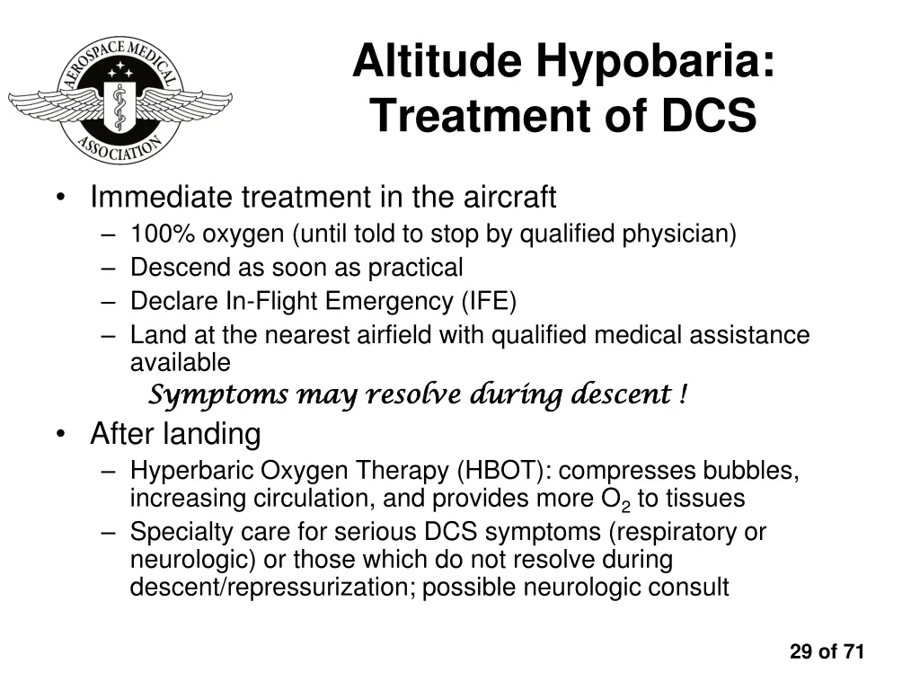 altitude hypobaria treatment of dcs