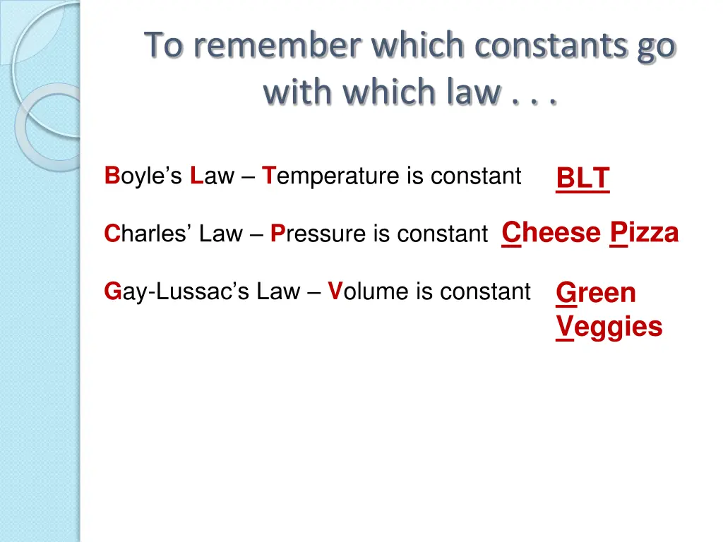 to remember which constants go with which law