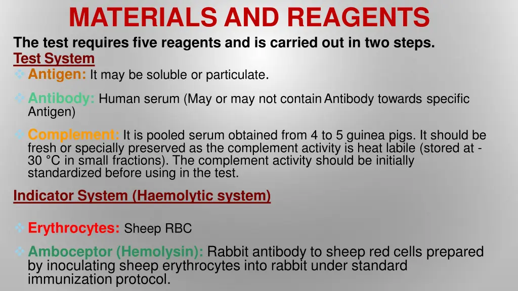 materials and reagents the test requires five