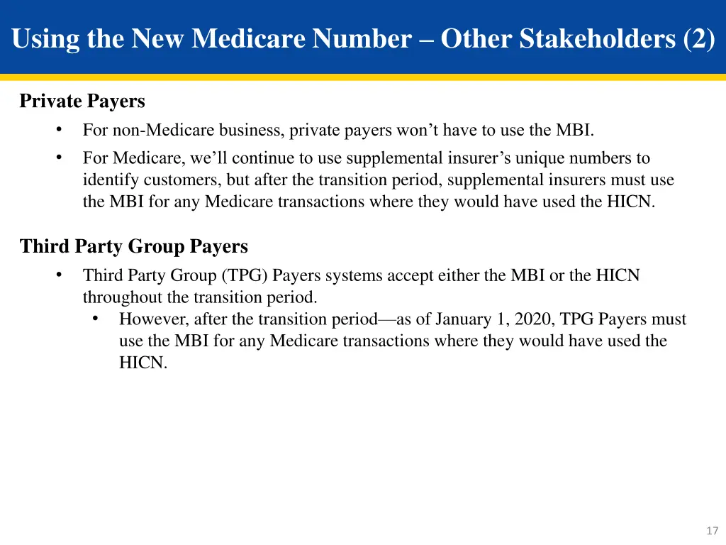 using the new medicare number other stakeholders 2