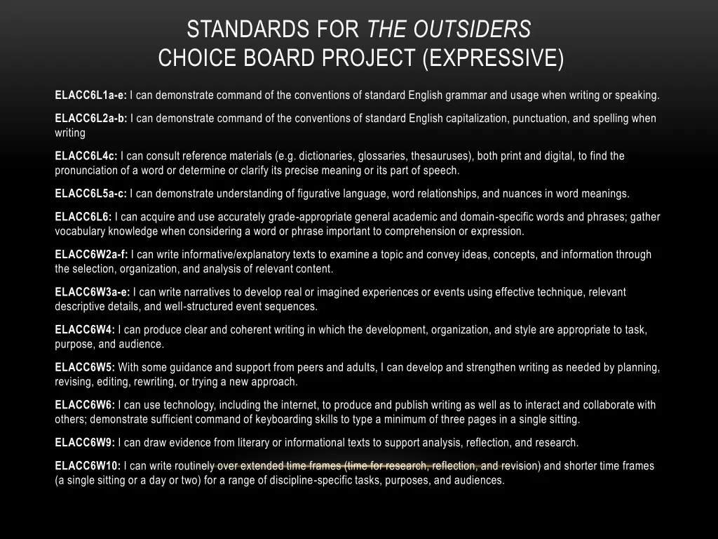 standards for the outsiders choice board project 1