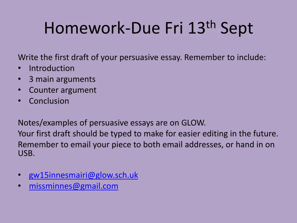 homework due fri 13 th sept