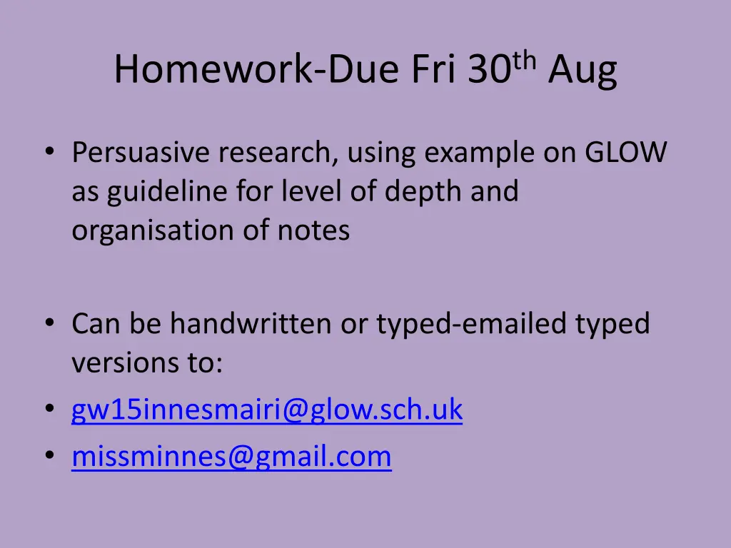 homework due fri 30 th aug