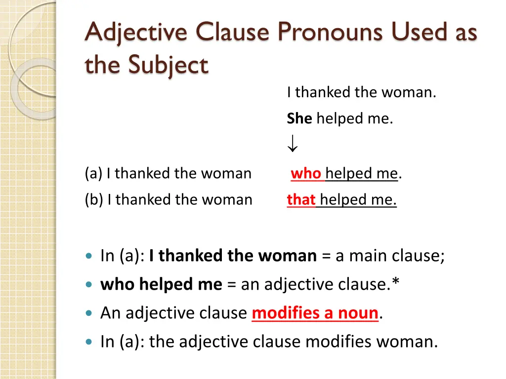 adjective clause pronouns used as the subject