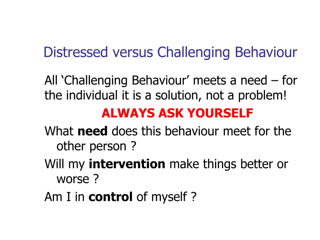 distressed versus challenging behaviour