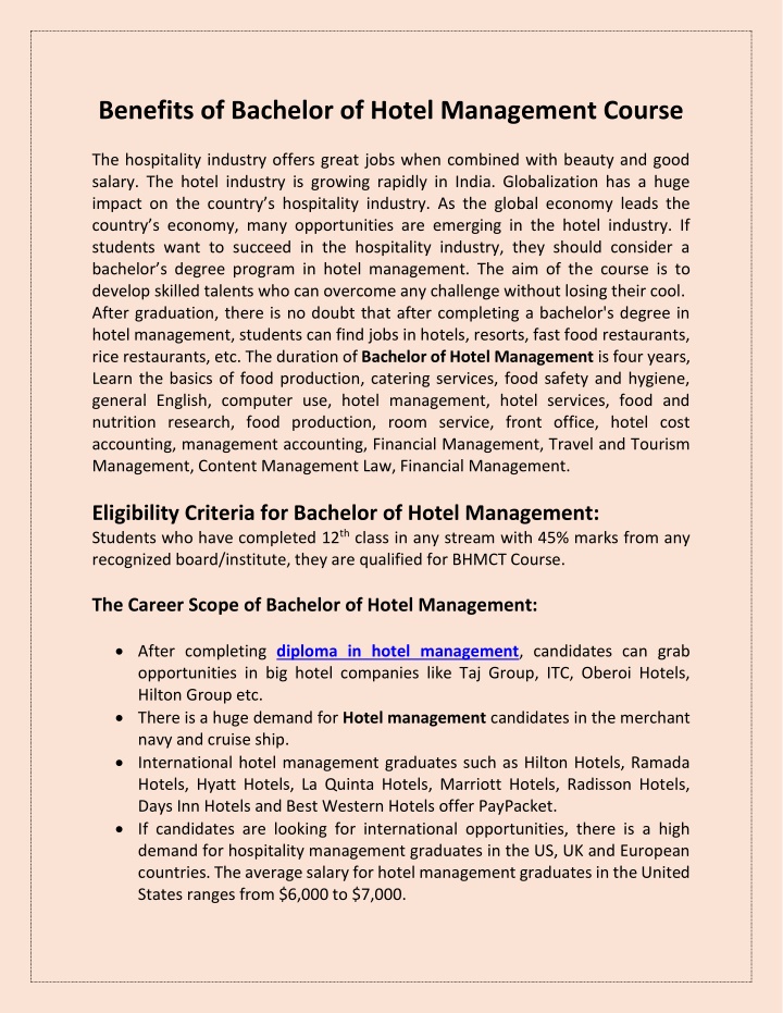 benefits of bachelor of hotel management course