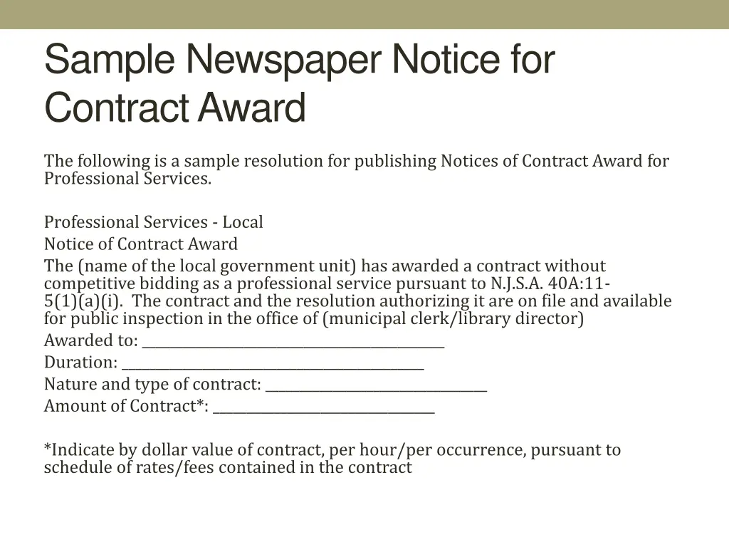 sample newspaper notice for contract award