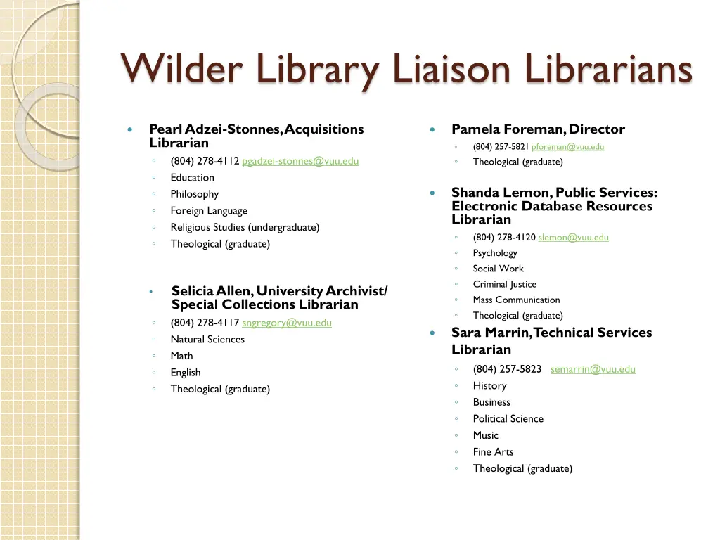 wilder library liaison librarians