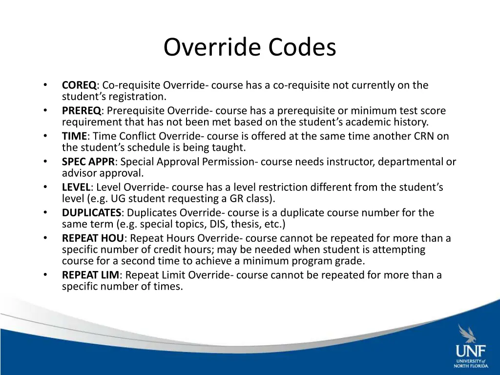 override codes