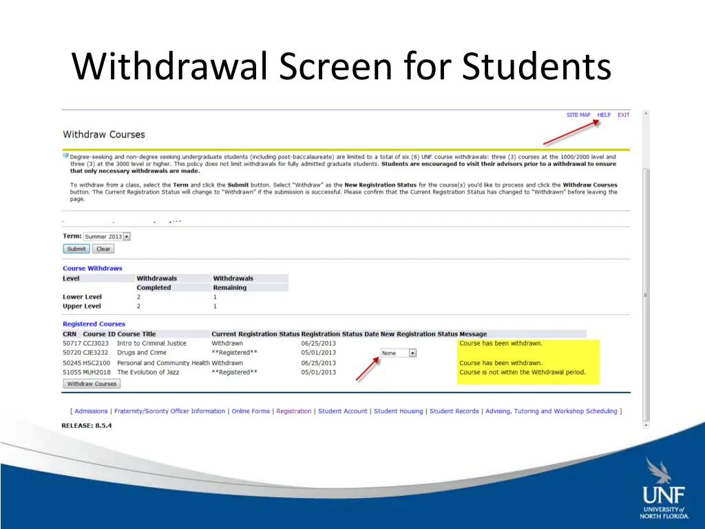 withdrawal screen for students