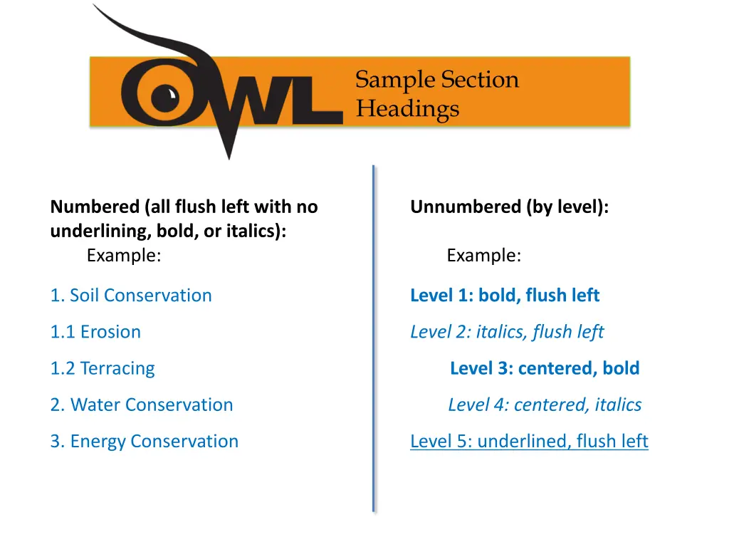 sample section headings