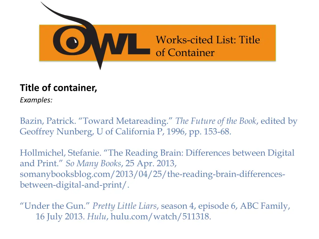 works cited list title of container