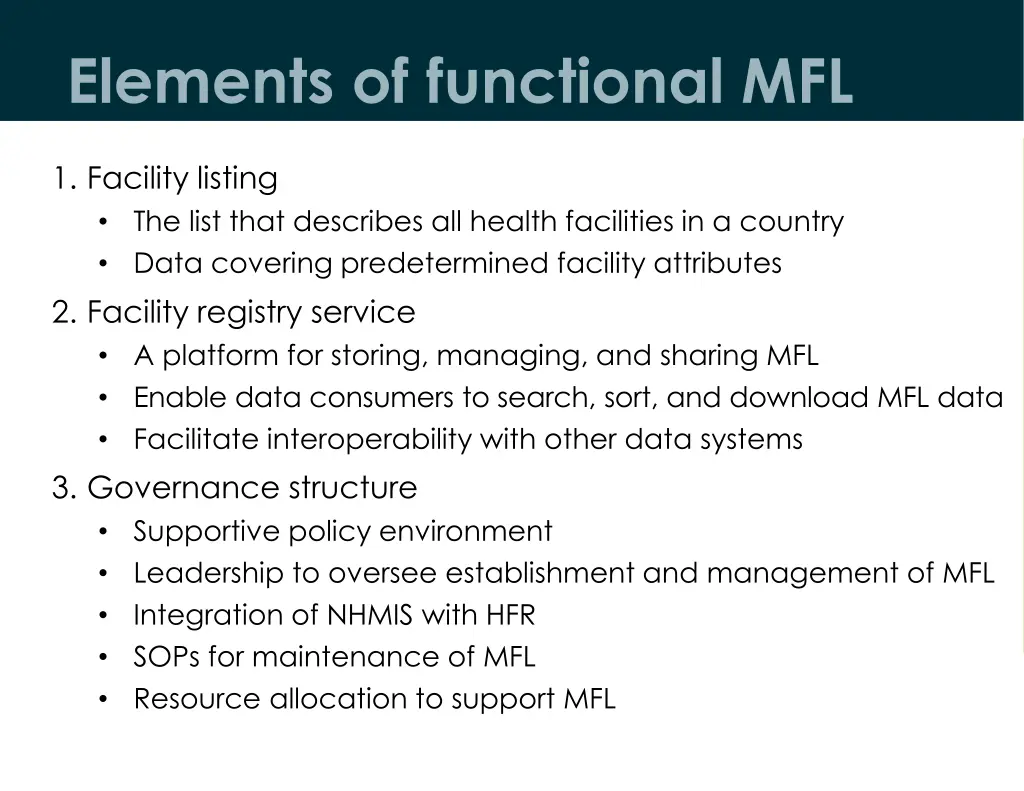 elements of functional mfl 1 facility listing