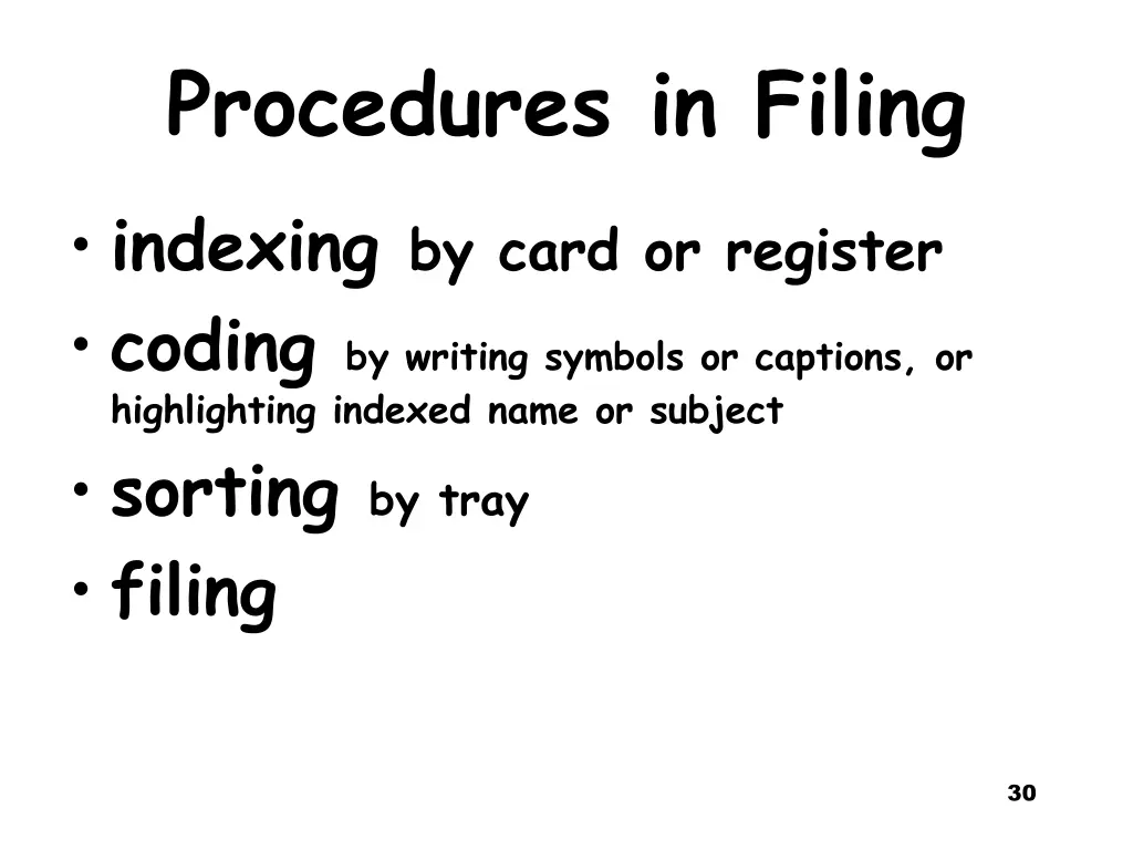 procedures in filing indexing by card or register