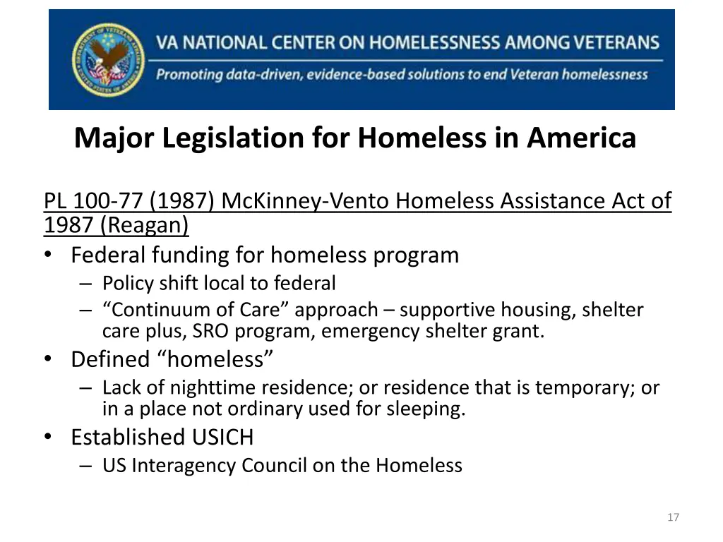 major legislation for homeless in america 1