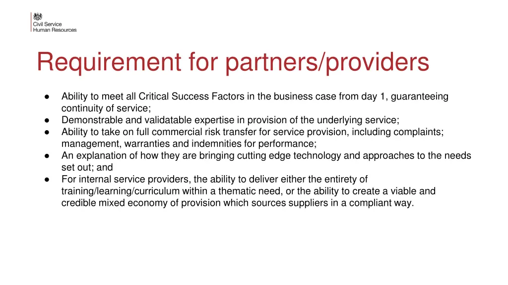 requirement for partners providers