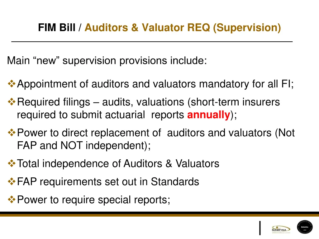 fim bill auditors valuator req supervision