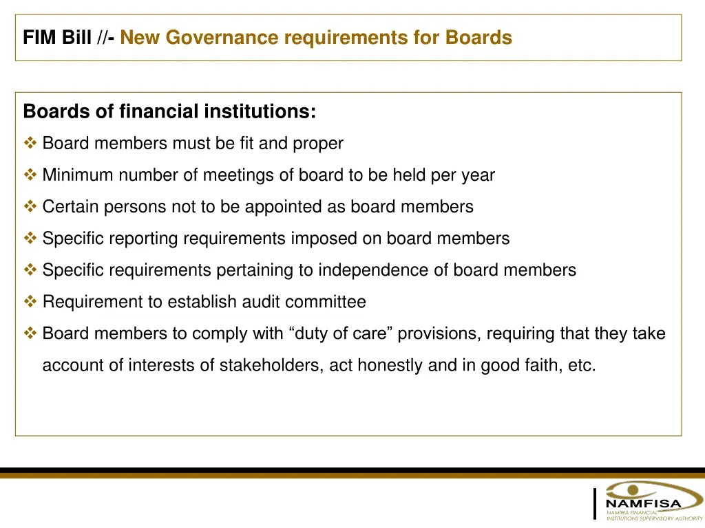 fim bill new governance requirements for boards