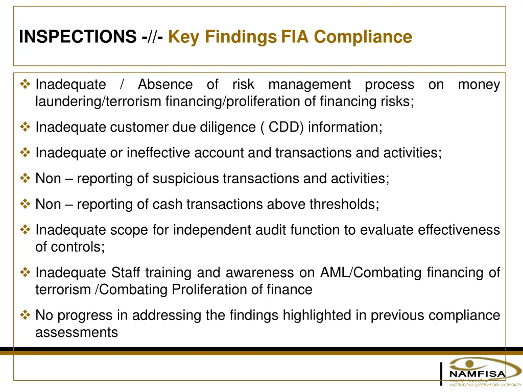 inspections key findings fia compliance