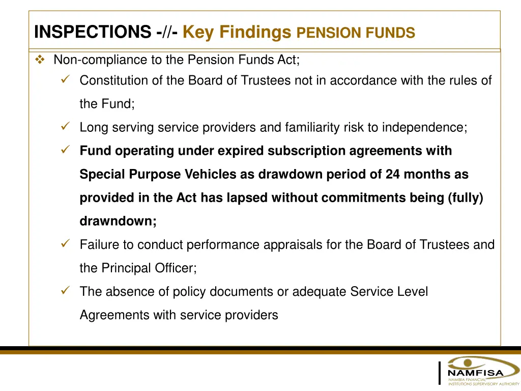 inspections key findings pension funds