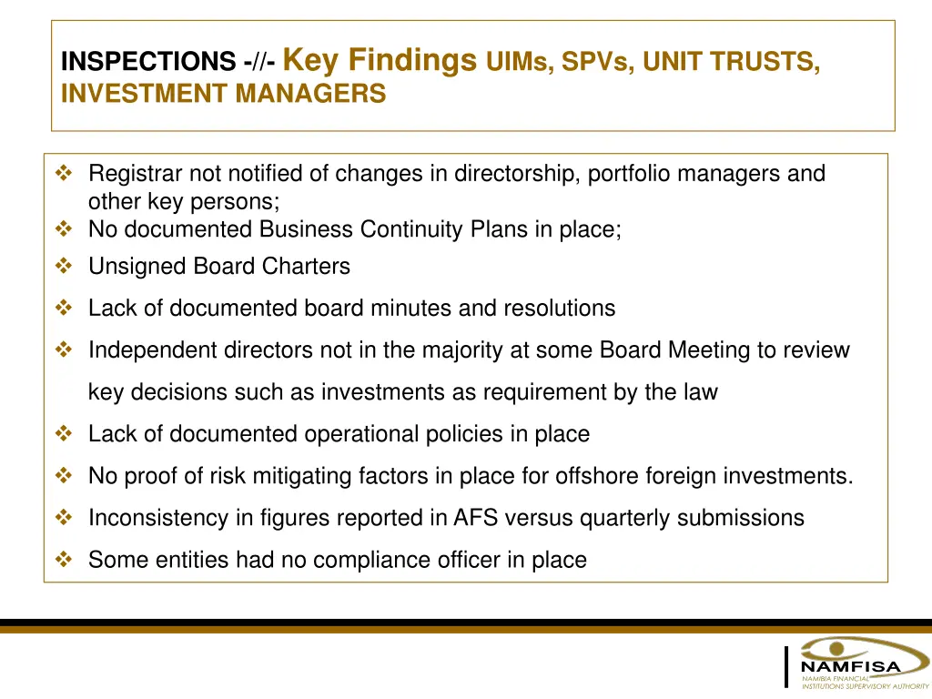 inspections key findings uims spvs unit trusts